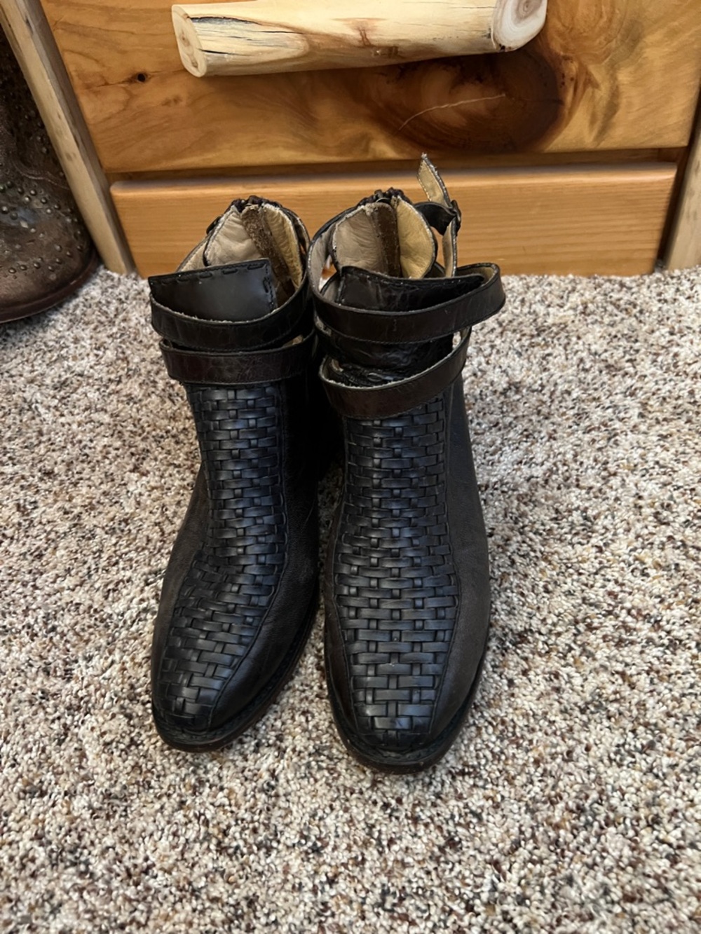 Stetson Black Woven Leather Ankle Boots with Ankle Straps